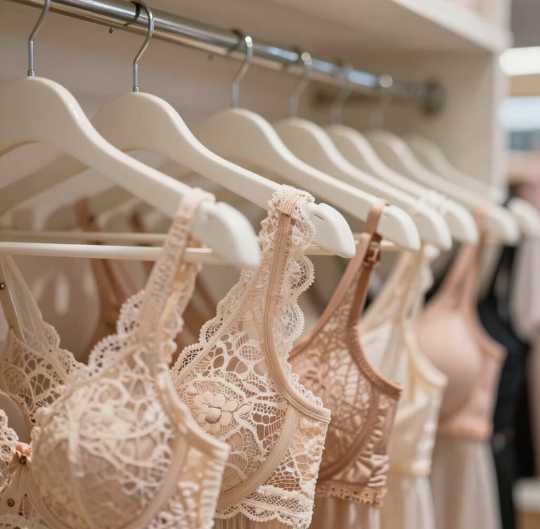 Close-up of premium lace fabrics and structured lingerie hangers in a brightly lit, clean retail showroom, focused on tactile textile details.