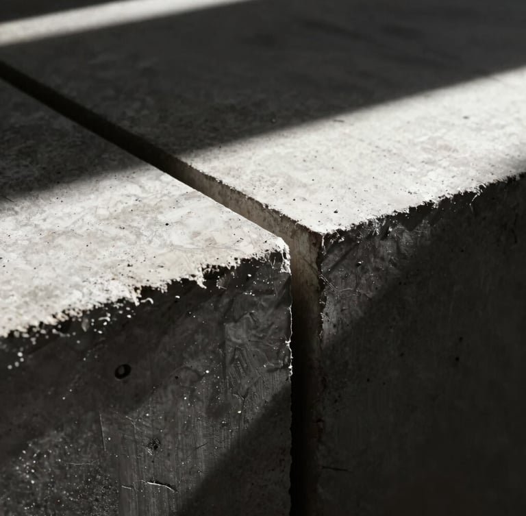 Macro detail of a hand-carved walnut joint meeting raw textured concrete, sharp directional sunlight casting deep architectural shadows, high contrast
