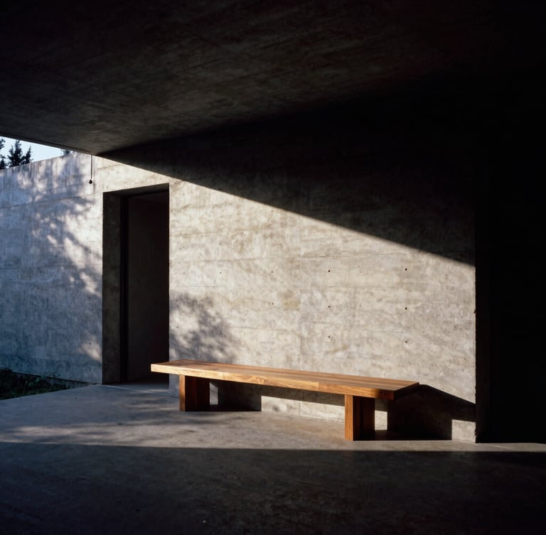 Dramatic wide-angle architectural shot of a raw concrete home at dusk, deep directional light casting long shadows across a bespoke walnut bench, 35mm film.