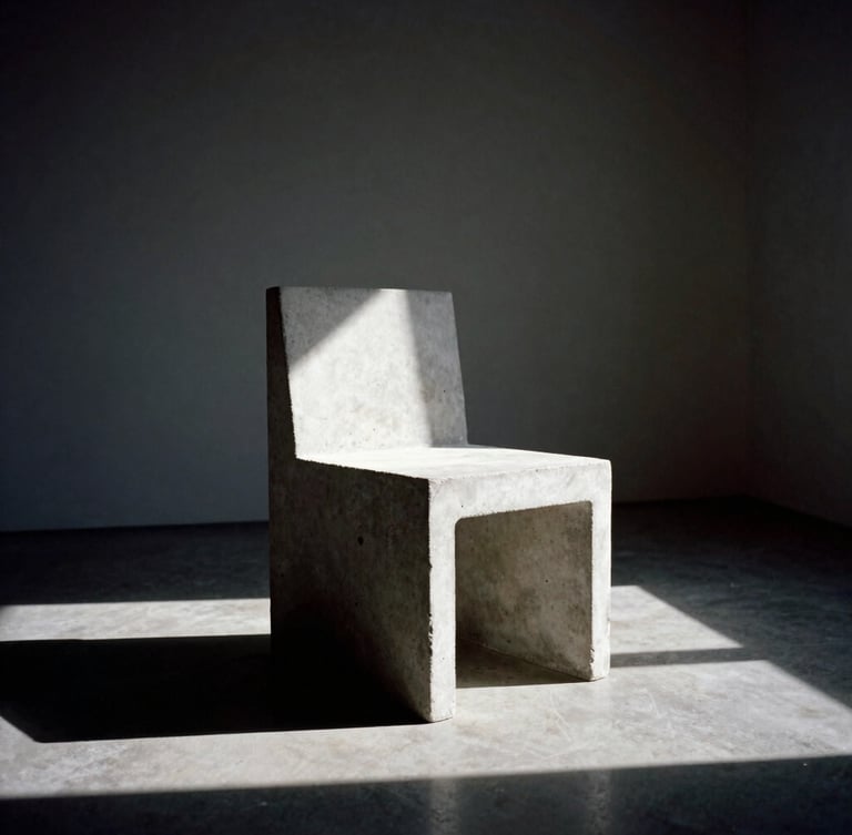 Dramatic architectural portrait of a monolithic raw concrete chair in a stark gallery setting, deep chiaroscuro shadows, sharp directional sunlight, 35mm film