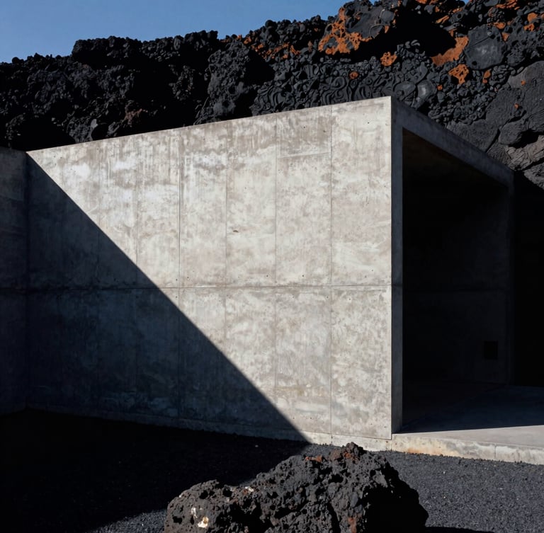 Dramatic architectural photography of a raw concrete wall merging into natural dark volcanic rock, sharp directional sunlight, deep chiaroscuro shadows