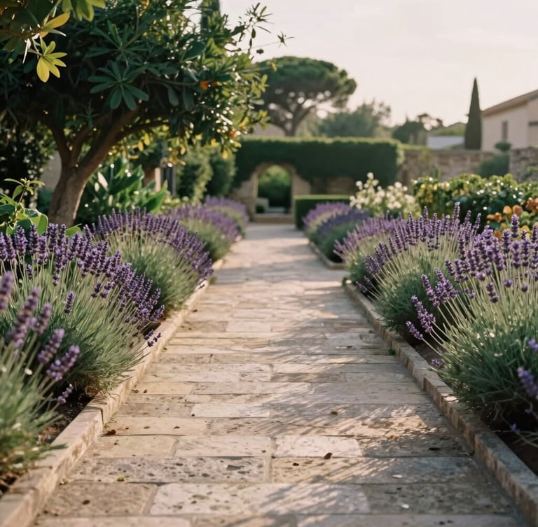 Portrait-oriented shot of a walled Mediterranean garden path, sun-bleached stone tiles, lush green foliage and blooming lavender under soft late-afternoon sun.