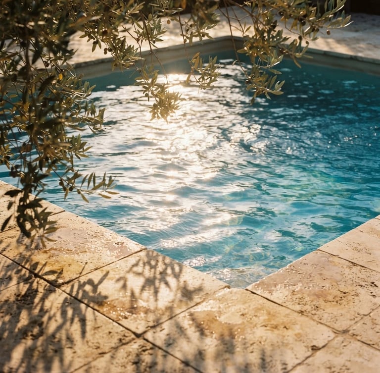 Close-up of warm golden-hour light rippling across a heated private pool, olive leaves casting soft shadows on sun-bleached stone tiles, 35mm film aesthetic.