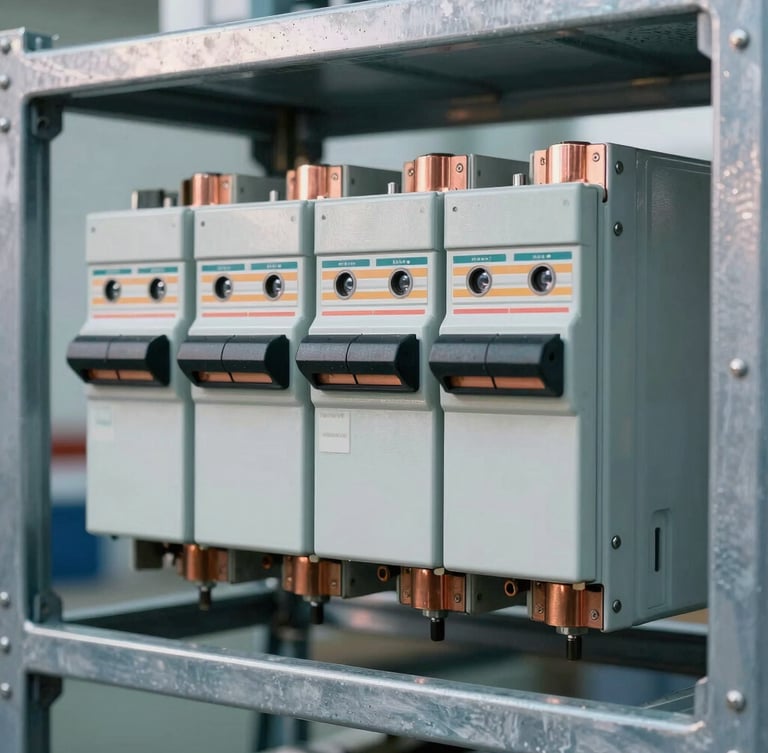 Close-up of heavy-duty industrial electrical breakers on a structured metal rack, cool daylight with warm copper accents, sharp focus, 35mm lens