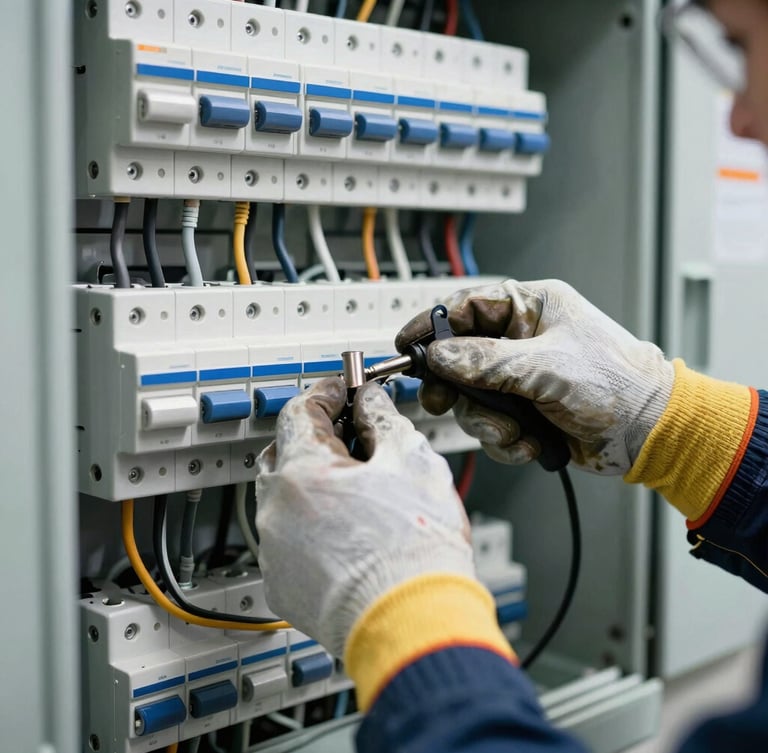 Close-up of an electrician's hands in safety gloves connecting heavy-duty wires in a modern breaker panel, cool daylight, high-contrast professional industrial photography