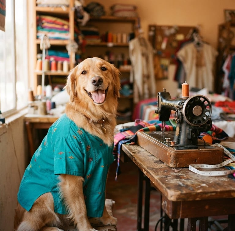 Close-up of a smiling golden retriever wearing a vibrant teal handmade shirt, sitting next to a sewing machine in a sunlit workshop in Celaya, warm daylight, 35mm
