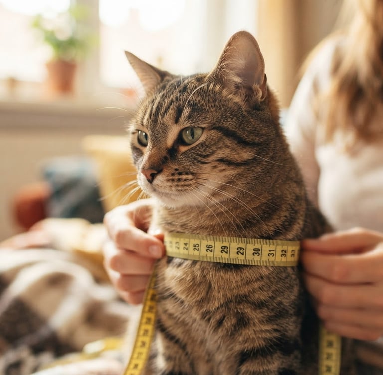 Eye-level close-up of a calm tabby cat being gently measured around its chest with a soft yellow measuring tape, warm natural sunlight, shallow depth of field, 35mm