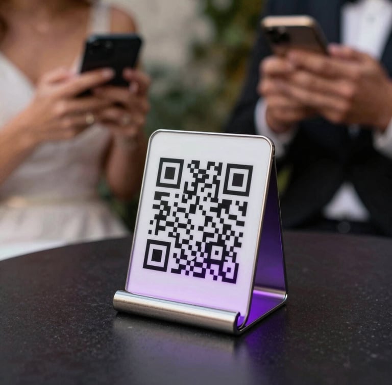 Dynamic close-up of a sleek metal QR code stand on a dark cocktail table, neon purple backlighting, wedding guests holding smartphones blurred in the background.