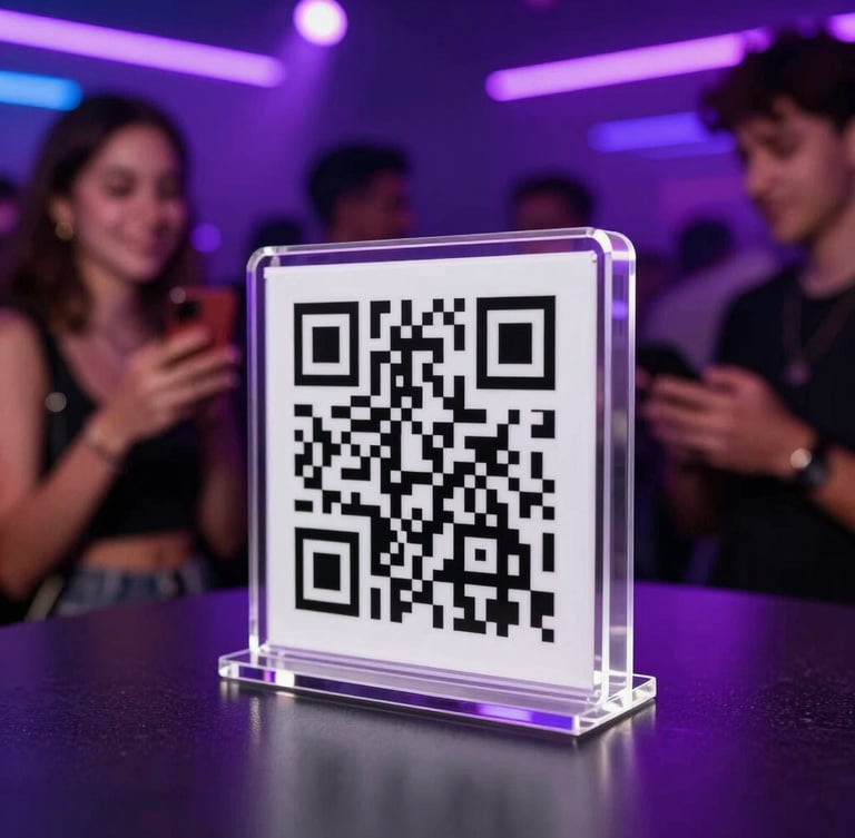 Dynamic close-up of a sleek acrylic QR code stand on a high-top table at a crowded nightclub, neon violet backlights, dramatic camera flash, guests smiling in the blurred background holding phones.