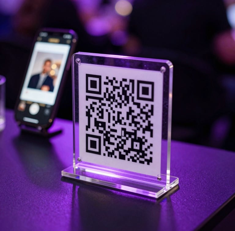 Close-up of a sleek acrylic QR code stand on a high-top table at a dimly lit event, neon violet backlighting reflecting off the surface, a smartphone screen in the background showing an instant photo gallery.