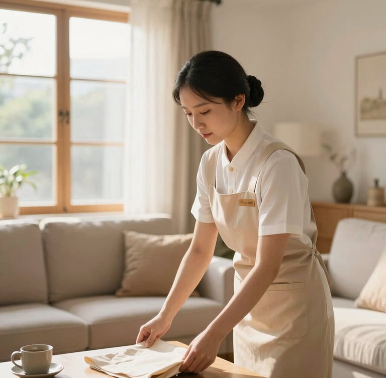 A professional housekeeper in a clean beige uniform organizing a warm, sunlit modern living room, soft natural lighting, authentic editorial style