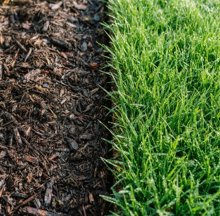 Overhead macro shot of rich, dark mulch meeting vibrant green dew-kissed grass with a crisp, razor-sharp hand-edged border, bright morning daylight, 35mm