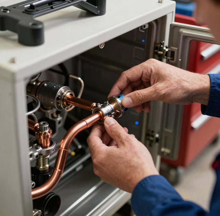 A clean, organized toolbox next to a technician's hands carefully installing a brand new copper pipe component inside an appliance