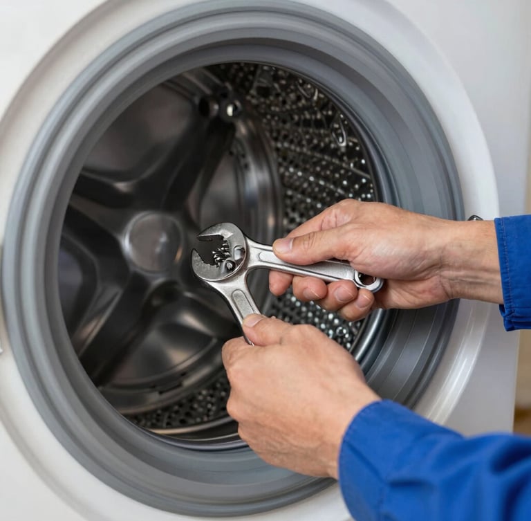 Close-up of a technician's hands in a blue uniform using a wrench to secure a washing machine drum coupling inside a home, bright natural daylight.