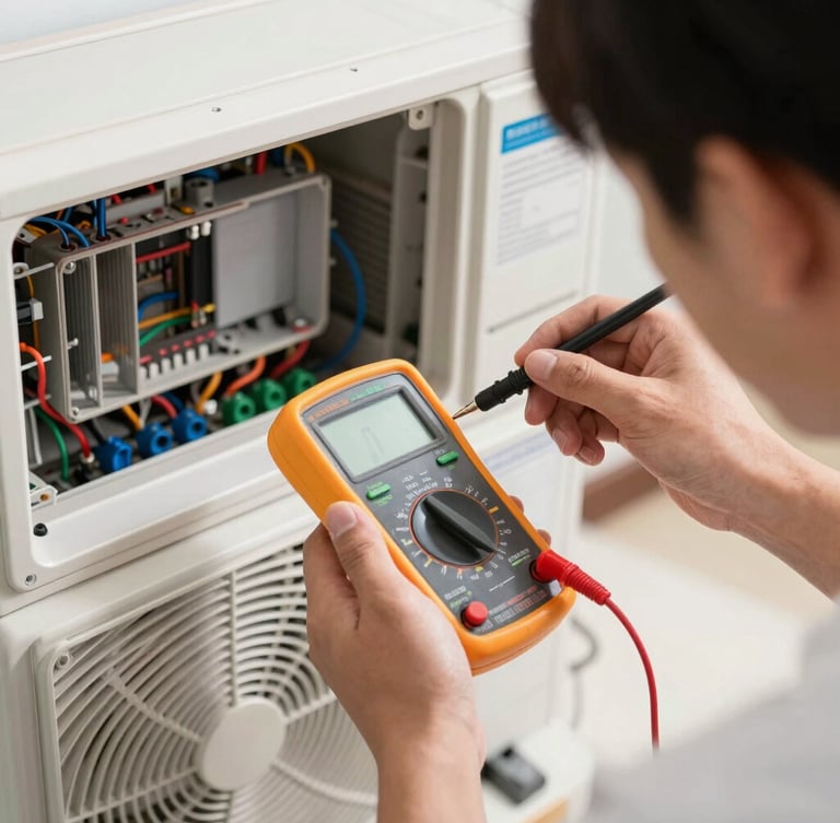 Close-up of a technician's hands using a digital multimeter to test the electrical circuit of a split air conditioner unit, bright natural daylight, clean professional setting.