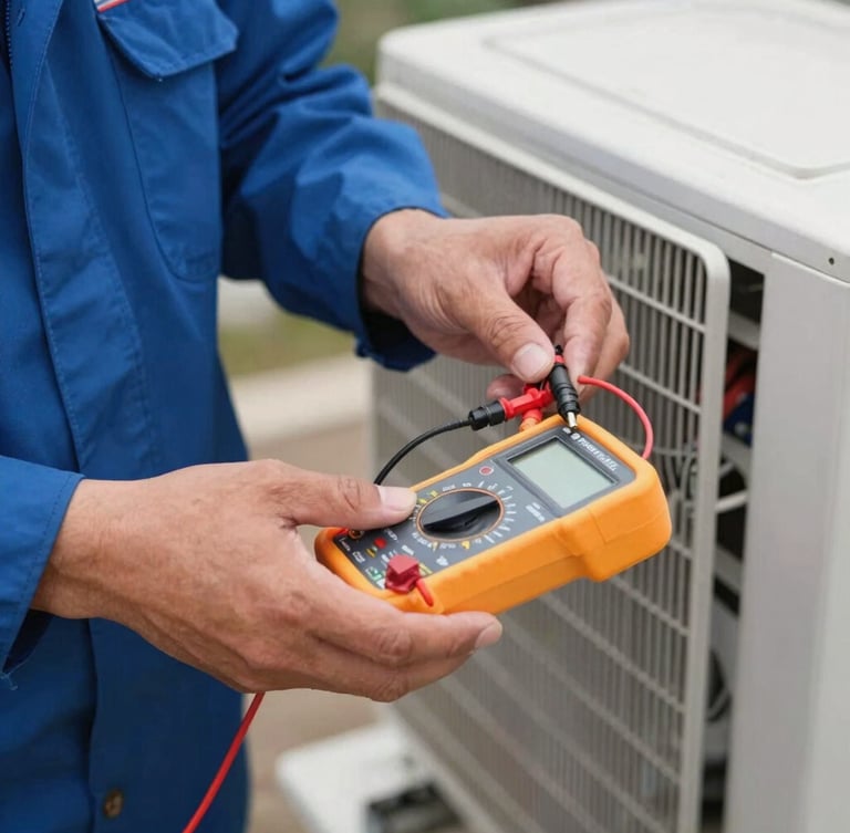 Close-up of a technician's hands in a blue uniform using a digital multimeter to test the electrical contacts of a split AC outdoor unit, bright natural daylight, crisp focus.
