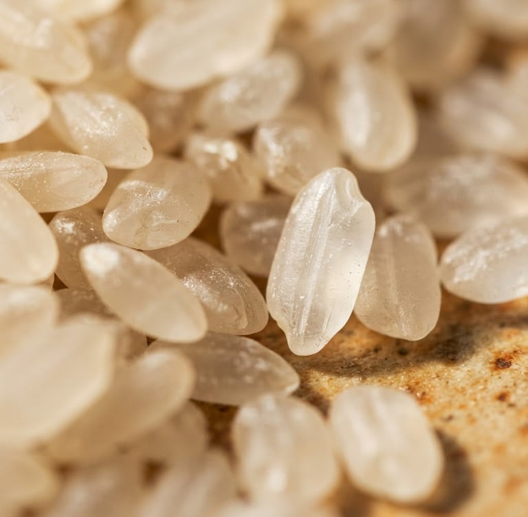 Macro shot of raw premium rice grains, translucent texture under bright natural side-light, showcasing perfect shape and grading, shallow depth of field