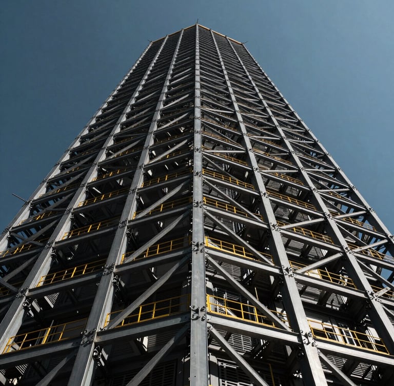 Low-angle heroic shot looking up at a massive steel-framed high-rise tower under dramatic midday sun, sharp structural shadows, technical precision.