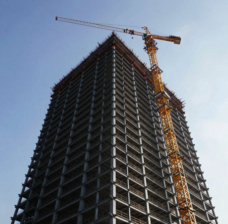 Low-angle heroic shot of a massive steel-framed high-rise construction site, crane silhouetted against high-contrast morning sky