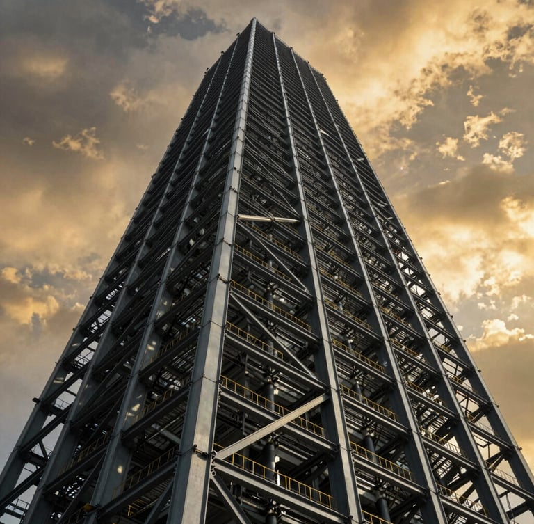 Low-angle heroic shot looking up at a towering steel skyscraper frame under a dramatic golden hour sky, deep slate and structural steel tones.