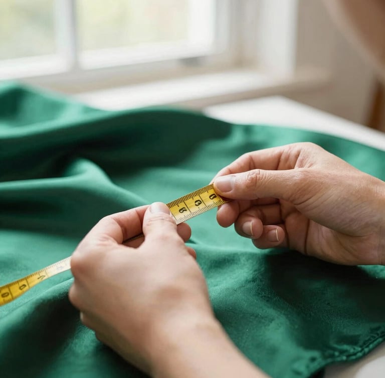 Close-up of hands measuring rich emerald green silk fabric with a vintage golden measuring tape, soft natural window light, shallow depth of field