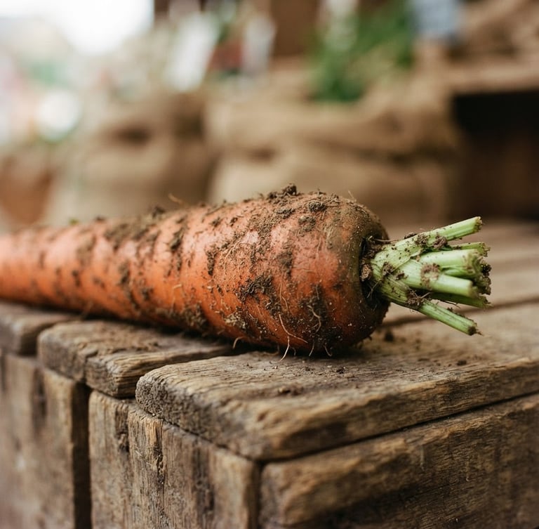 Close-up of a raw, soil-dusted organic carrot resting on a wooden crate, soft natural morning light, earthy organic tones, shallow depth of field, 35mm film