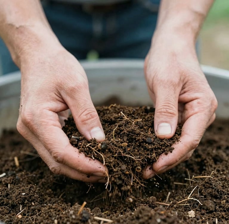 Close-up of farmer's hands gently sifting dark, rich organic soil, with visible compost and small roots, soft natural morning light, earthy organic tones, shallow depth of field, 35mm film