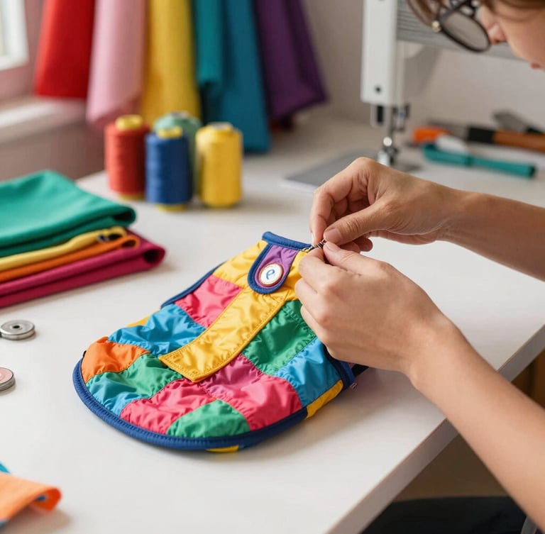 Vertical portrait of a seamstress hand-stitching a colorful pet vest in a bright, sunlit workshop in Celaya, vibrant fabrics and threads visible in the background, warm daylight