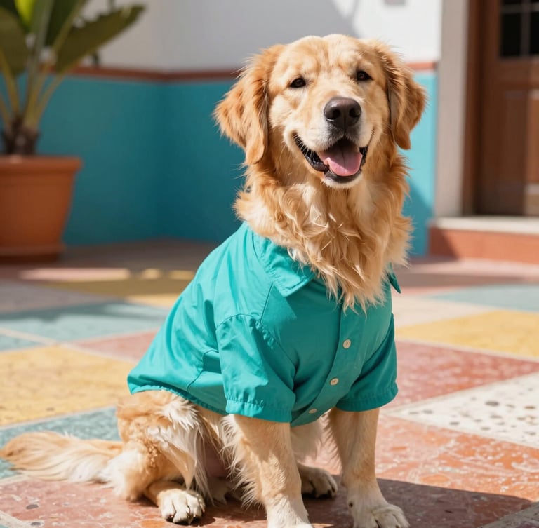A joyful golden retriever sitting happily on a colorful Mexican patio, wearing a custom-tailored vibrant teal shirt that fits perfectly without pulling, bright natural daylight.