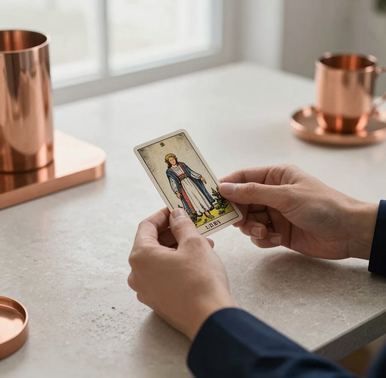 Close-up of elegant hands holding a textured tarot card over a clean stone desk, minimalist office environment, soft natural window light, copper accents.