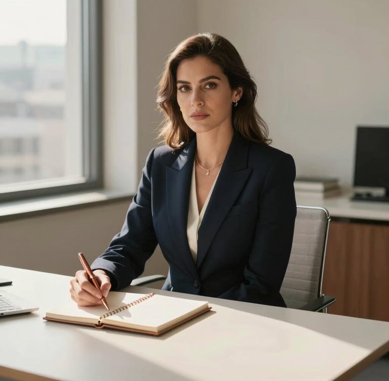Professional environmental portrait of a female executive in a sunlit Bogotá office, minimalist desk with elegant notebook and copper pen, warm editorial style, soft natural lighting.