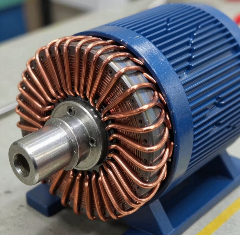 Close-up of copper wire winding on an electric motor stator, bright workshop lighting, metallic tones, sharp details, 35mm lens