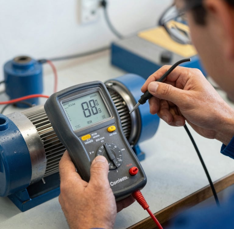 Close-up of a technician measuring motor winding insulation with a digital megohmmeter in a Corrientes workshop, bright natural workshop light, sharp details, 35mm lens