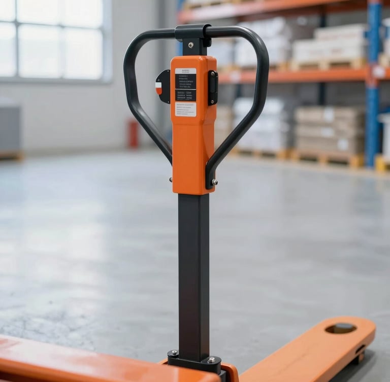 Close-up of industrial orange safety control handle of an electric pallet jack, bright warehouse background