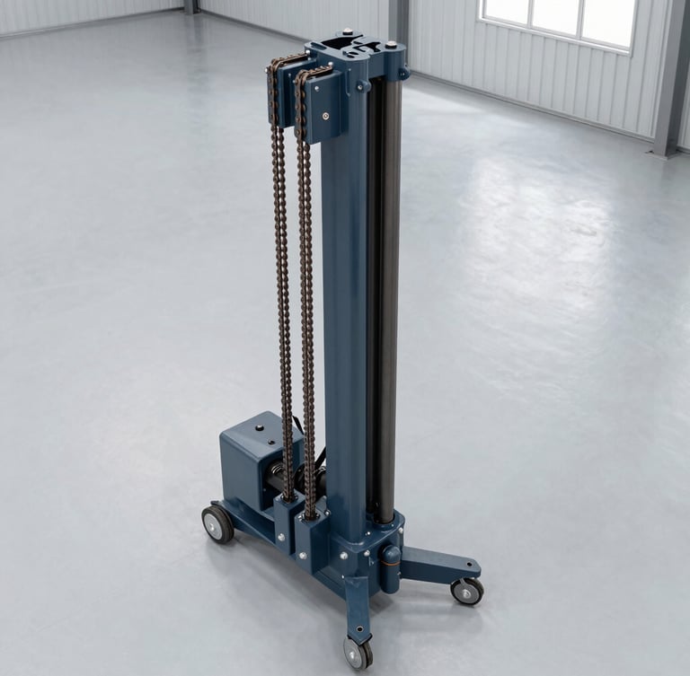 High-angle portrait shot of a heavy industrial electric stacker mast, showing the thick steel chains and hydraulic pistons, clean industrial warehouse background, sharp focus, 35mm lens