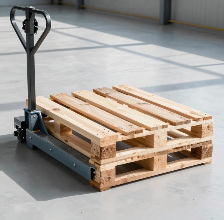 Industrial pallet jack lifting a heavy wooden pallet in a sunlit, clean warehouse, high-contrast lighting, steel weld details, no branding
