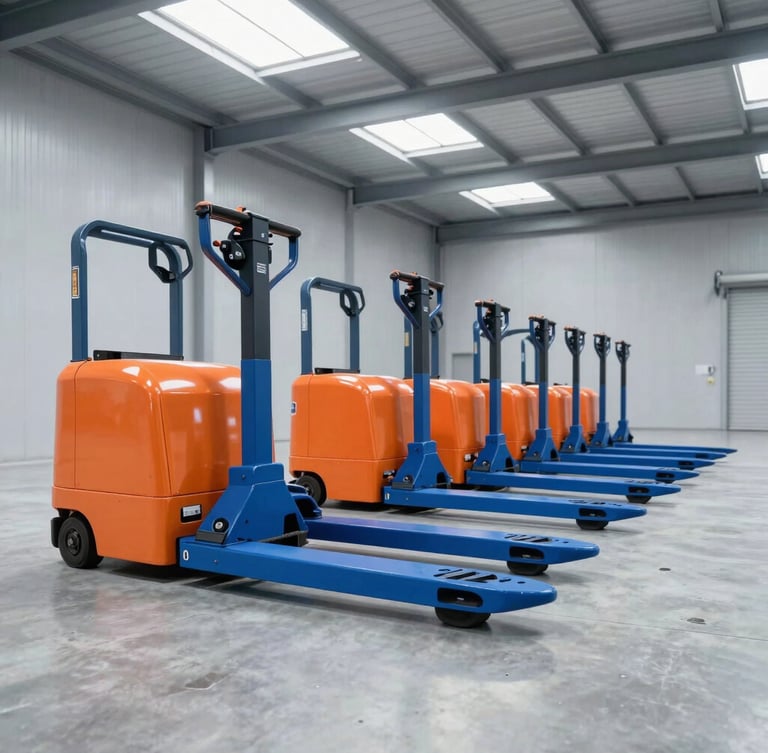Modern spacious warehouse with a fleet of orange and blue electric pallet jacks lined up neatly under bright natural skylight, clean concrete floor.