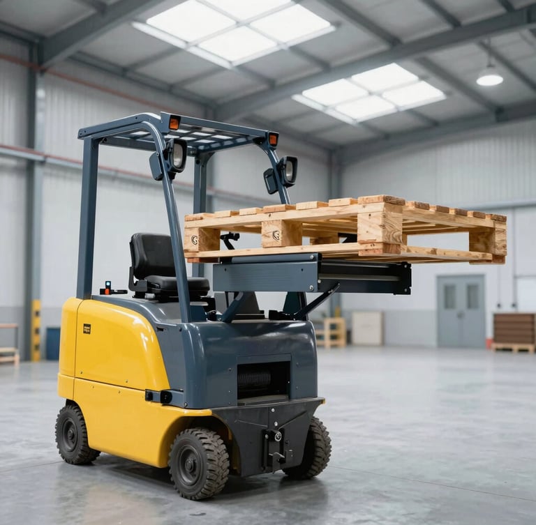 Portrait shot of a heavy-duty yellow electric stacker lifting a wooden pallet high into warehouse steel racks, bright natural warehouse skylight lighting, sharp focus, technical industrial photography