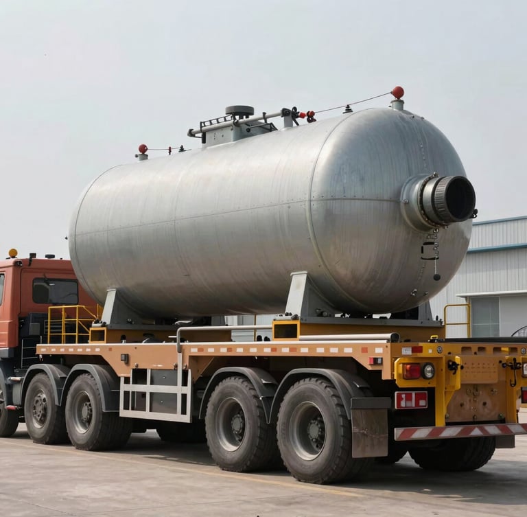 A massive completed pressure vessel secured onto a multi-axle heavy transport vehicle inside the yard, overcast daylight.