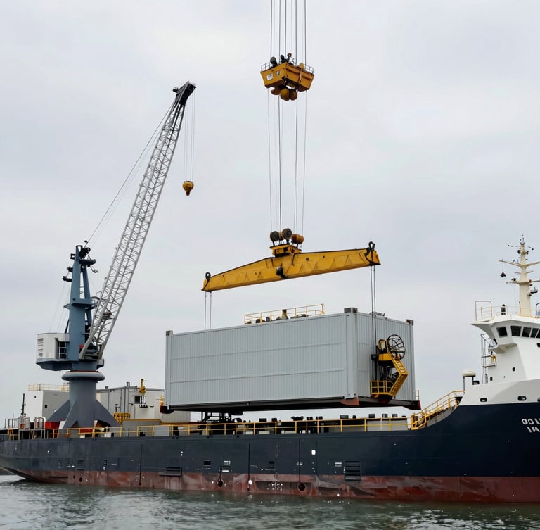 Industrial port side view of a massive modular process skid being hoisted by a heavy-lift ship crane under overcast sky, industrial scale.