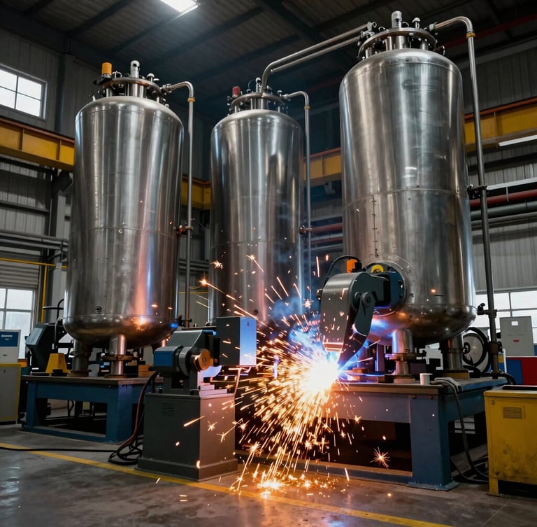 Extreme wide-angle shot of a heavy fabrication bay, intense orange sparks from automated welding machines, towering steel pressure vessels under dramatic high-contrast workshop lighting.