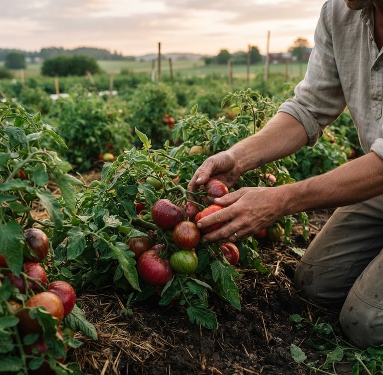 Wide panoramic shot of a farmer's hands gently harvesting dew-kissed heirloom tomatoes in a field at sunrise, soft Scandinavian light, rich soil textures, shallow depth of field, deep crimson and forest green tones, unposed, editorial framing.