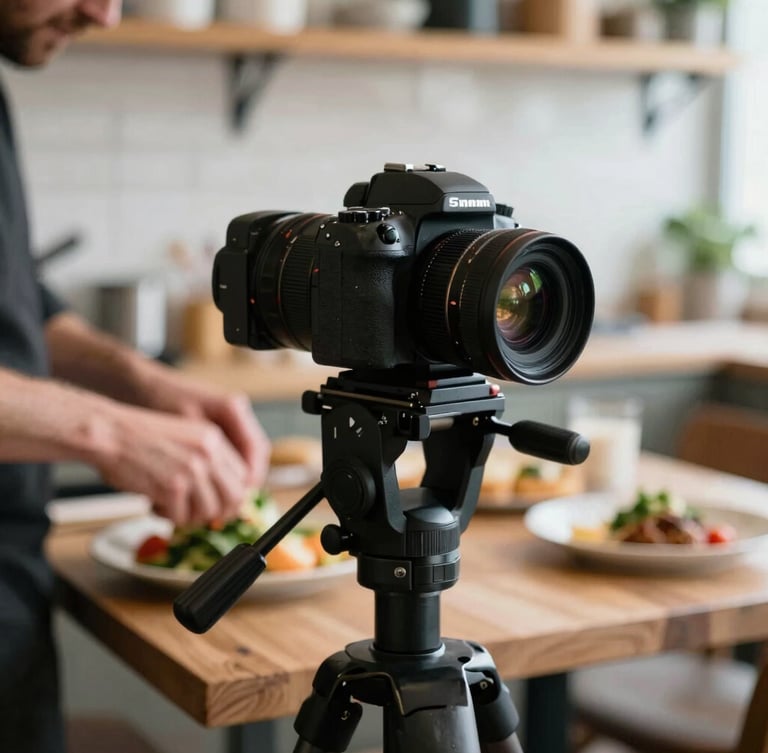 Close-up portrait shot of a camera on a tripod, subtly positioned in a cozy restaurant kitchen, capturing a chef's hands preparing food, soft natural light, rich shadows, unposed.