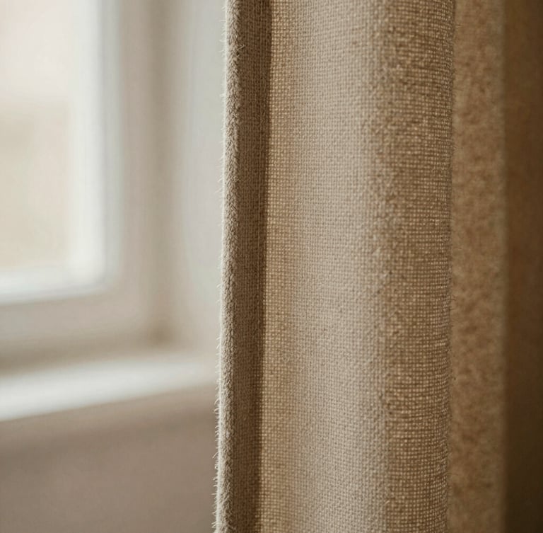 Extreme close-up of raw heavy-weight flax edge, high-contrast weft and warp texture, soft morning window light, warm oatmeal tones