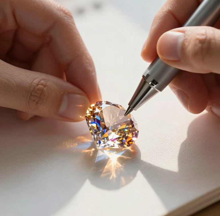 Extreme macro shot of hands placing a glowing resin diamond onto a canvas with a precision pen, warm directional light catching the shimmering facets, shallow depth of field