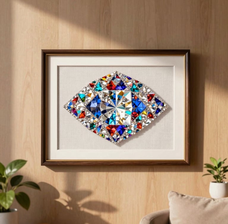 A finished diamond painting framed on a warm wooden wall in a cozy, sunlit living room, soft shadow of indoor plants, elegant and relaxing atmosphere