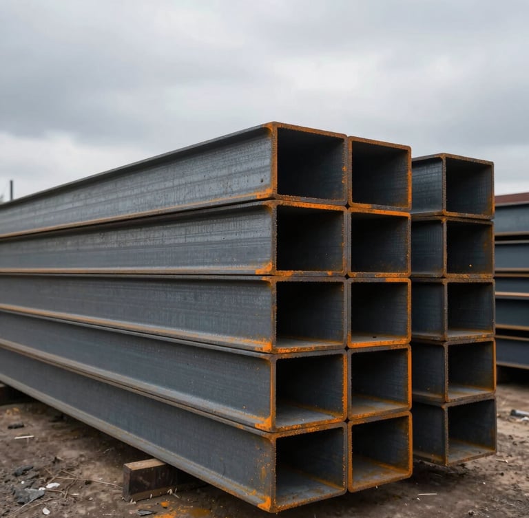 Wide-angle gritty industrial photography of stacked structural steel beams in an outdoor yard, dramatic overcast daylight, desaturated steel tones with sharp safety-orange accents, 35mm