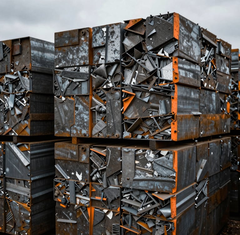 Extreme close-up of compressed scrap metal blocks stacked in an industrial yard, dramatic overcast shadows, desaturated steel textures with safety orange highlights, 35mm