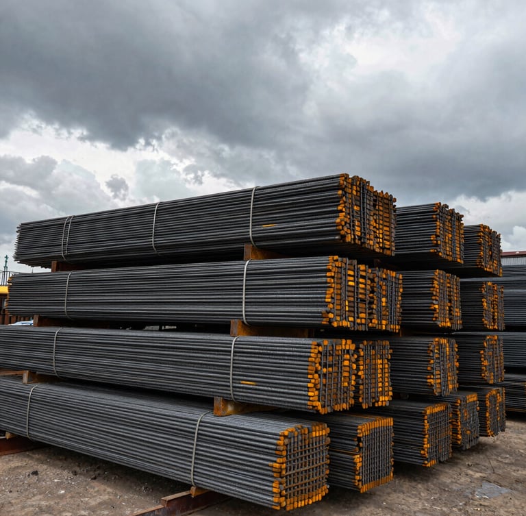 Wide-angle industrial steel yard in Darıca, stacked heavy structural rebar under overcast dramatic sky, desaturated steel tones, raw physical power, 35mm photography