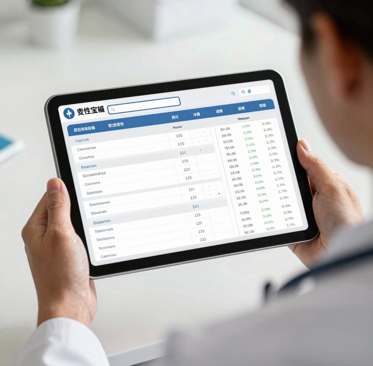 Over-the-shoulder shot of a clinician using a tablet displaying a clean, high-contrast healthcare dashboard with patient data, bright daylight